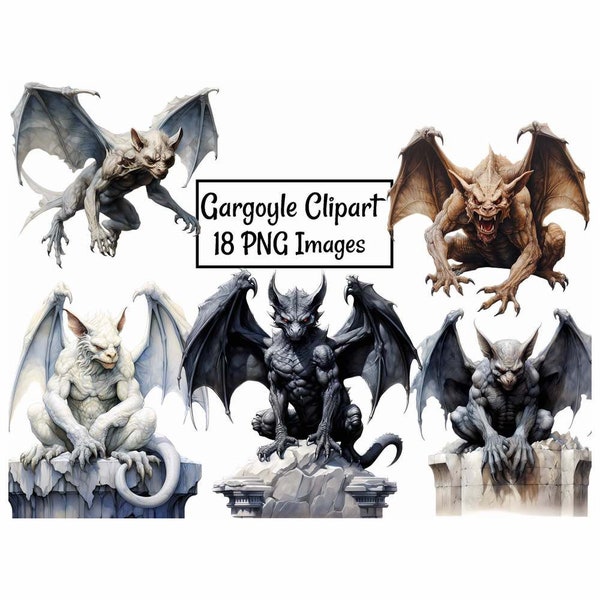 Gargoyle Clipart Watercolor Digital Downloads, 18 Grotesque Architecture Fantasy Winged Protector Creature Magical Medieval Demon Gothic