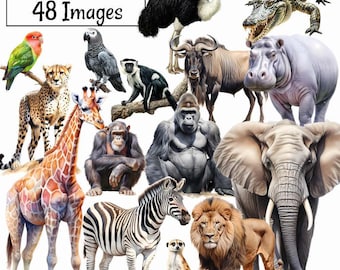 African Animals Clipart Digital Downloads Wildlife Watercolor Safari Jungle Savanna, Elephant Hippo Rhino Lion Zebra Giraffe Gorilla