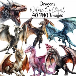 Dragon Clipart Watercolor Wyvern Digital Downloads RPG Fantasy Folklore Mythology Monster Eastern Fire Breathing Fairy Tale Medieval