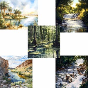 K&ouml;nnte beinhalten: Eine Sammlung von Aquarell-Landschaftsbildern. Die Szenen zeigen verschiedene nat&uuml;rliche Umgebungen, darunter einen Fluss mit Palmen, einen Waldsumpf, einen Wasserfall und einen Canyon mit einem Fluss. Die Gem&auml;lde weisen lebendige Farben und detaillierte Pinselstriche auf.