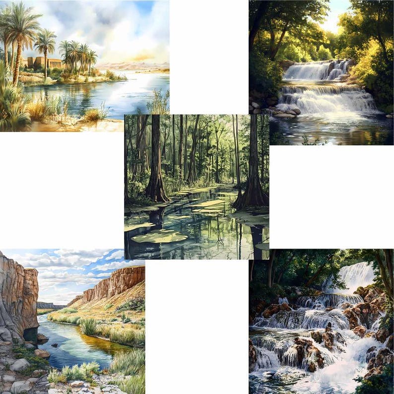 K&ouml;nnte beinhalten: Eine Sammlung von Aquarell-Landschaftsbildern. Die Szenen zeigen verschiedene nat&uuml;rliche Umgebungen, darunter einen Fluss mit Palmen, einen Waldsumpf, einen Wasserfall und einen Canyon mit einem Fluss. Die Gem&auml;lde weisen lebendige Farben und detaillierte Pinselstriche auf.