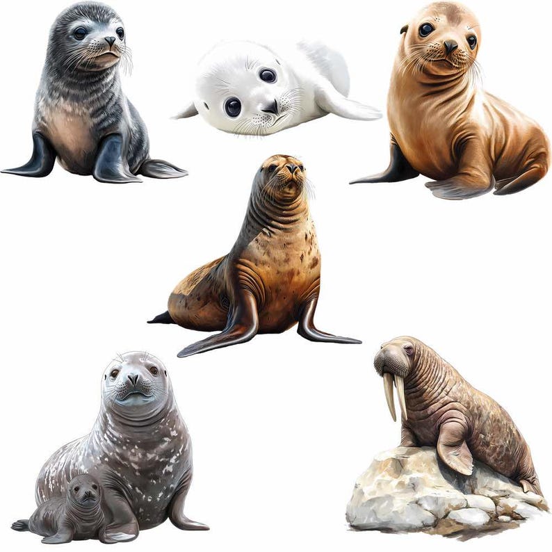 Foca y morsa Clipart Acuarela digital Descargas Vida silvestre, Antártida Animal Ártico Puerto Piel León marino Leopardo Foca cangrejera imagen 5
