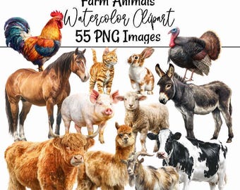 Peut inclure: Ensemble de cliparts aquarelle représentant des animaux de la ferme : coq, cheval, chat, lapin, dinde, âne, cochon, mouton, alpaga, vache et chèvre. Le texte indique "Farm Animals Watercolor Clipart 55 PNG Images".