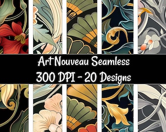 Art Nouveau Seamless Digital papers, 20 Flower Leaves Floral Organic Patterns Download Printable Commercial Use, Digital Backgrounds