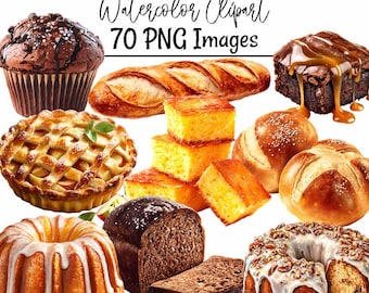 Baked Goods Clipart Bread Watercolor Digital Art Baking Download Dessert Illustration Pastry Png Cake Pie Cupcake Graphic Bagel Muffin Food
