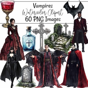 Op de afbeelding: Watercolor clipart set met vampier-thema illustraties. Bevat afbeeldingen van vampiers in gotische kleding, een kelk met rode vloeistof, een kruis, een kerkhofscène en een flesje met drank. De tekst luidt "Vampires Watercolor Clipart 60 PNG Images."