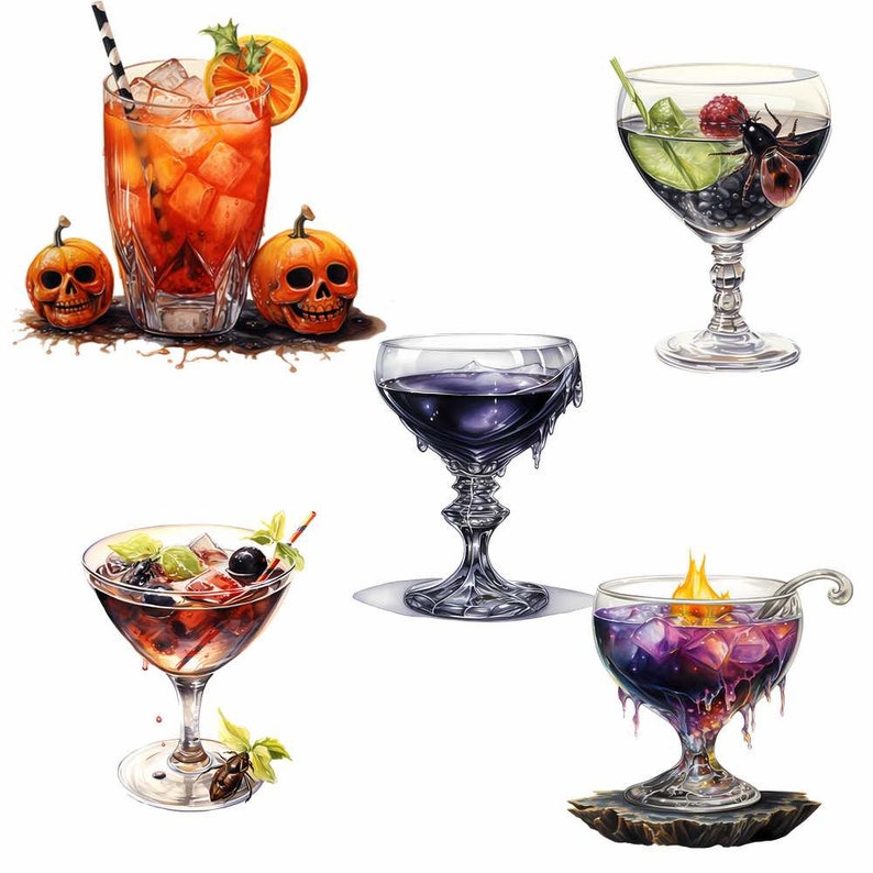 Pu&ograve; includere: Cinque cocktail diversi a tema Halloween. Il primo &egrave; un cocktail rosso con ghiaccio e una cannuccia in un bicchiere alto. Il secondo &egrave; un cocktail verde con una foglia e un insetto in un bicchiere con gambo. Il terzo &egrave; un cocktail viola scuro in un bicchiere con gambo. Il quarto &egrave; un cocktail rosso con frutta e una cannuccia in un bicchiere da martini. Il quinto &egrave; un cocktail viola con ghiaccio e una fiamma in un bicchiere con gambo.
