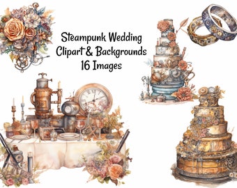 Steampunk Wedding Elements & Backgrounds Victorian Fantasy Clipart, Digital Instant Download, 16 Designs Watercolor Images Invitations