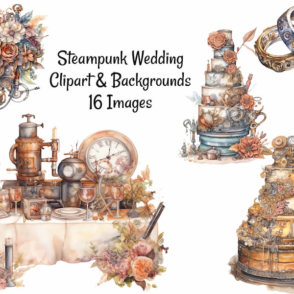 Steampunk Wedding Elements & Backgrounds Victorian Fantasy Clipart, Digital Instant Download, 16 Designs Watercolor Images Invitations