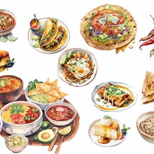 Pode incluir: Uma ilustra&ccedil;&atilde;o em aquarela de v&aacute;rios pratos mexicanos, incluindo tacos, enchiladas, guacamole e pimentas. Os pratos est&atilde;o dispostos sobre um fundo branco.