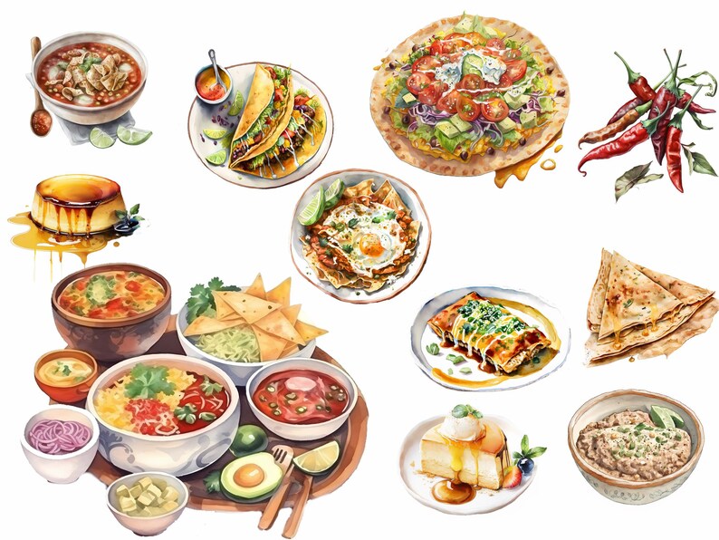 Pode incluir: Uma ilustra&ccedil;&atilde;o em aquarela de v&aacute;rios pratos mexicanos, incluindo tacos, enchiladas, guacamole e pimentas. Os pratos est&atilde;o dispostos sobre um fundo branco.