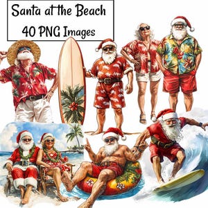 Clipart de Papá Noel en la playa, 40 descargas digitales de acuarela navideña tropical, vacaciones de surf, Sra. Claus, Papá Noel, Navidad de verano