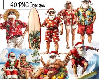 May include: A digital illustration of Santa Claus in various beach-themed settings. Santa is shown wearing a Hawaiian shirt, surfing, and relaxing on a beach.