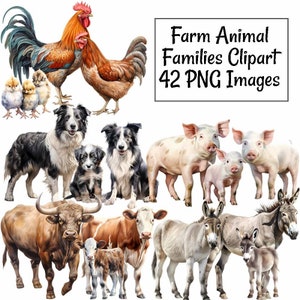 Farm Animal Families Clipart Digital Downloads,42 Mother Father Baby Watercolor Overlay Farmyard Country Barn Cow Chicken Horse Goat Sheep