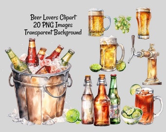 Beer Drinks Alcohol Clipart Digital Downloads, Watercolor Overlay ,20 Beer bottles, Mug, Steins, Limes, Pitcher, Tap, Lager, Ale, Bartender