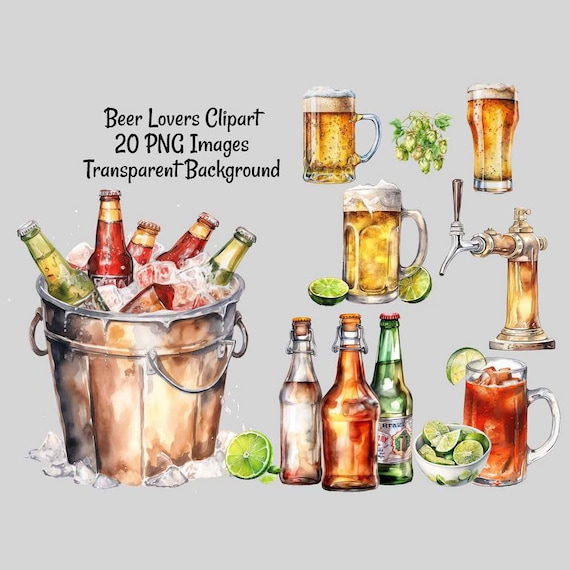 Beer Drinks Alcohol Clipart Digital Downloads, Watercolor Overlay ,20 Beer bottles, Mug, Steins, Limes, Pitcher, Tap, Lager, Ale, Bartender