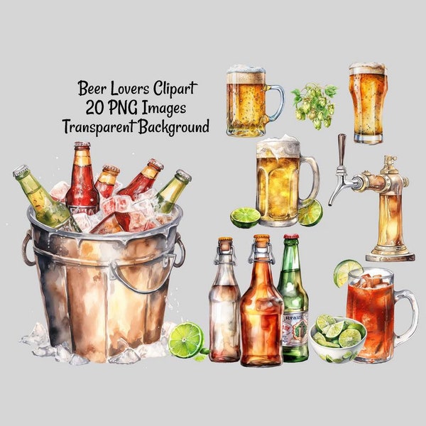 Beer Drinks Alcohol Clipart Digital Downloads, Watercolor Overlay ,20 Beer bottles, Mug, Steins, Limes, Pitcher, Tap, Lager, Ale, Bartender