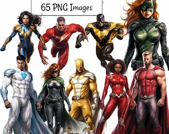Superhero Clipart Watercolor Huge Set Hero Comic Hero Digital Download, Diverse Women Men  Warriors, Superhero Art Commercial Use Overlays