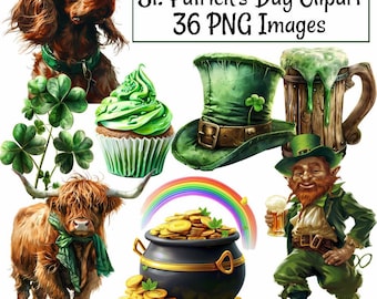 St. Patrick's Day Clipart, 36 Leprechaun Green Clover Shamrock Digital Downloads, Holiday Bear Irish Ireland Saint Patty Patrick Paper