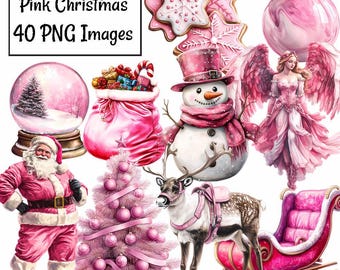 Rosa Weihnachten Clipart Pastell Urlaub Aquarell Kunst Digitale Downloads Santa Mrs. Claus Reindeer Schneemann Illustration Festliche Weihnachten