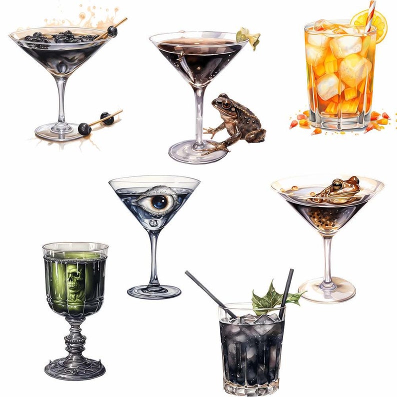Pu&ograve; includere: Una collezione di sei cocktail diversi, ognuno con un tema unico e inquietante. I cocktail includono un martini con more, un martini con un occhio, un martini con una rana, un bicchiere di t&egrave; freddo, un calice con un teschio e un bicchiere di liquido scuro con un rametto di menta.
