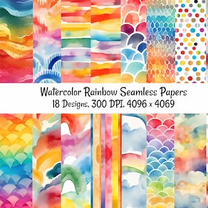 Rainbow Watercolor Seamless Digital papers, 18 Colorful Multicolor Printable For Commercial Use, stripes, dots, butterflies, boho, waves