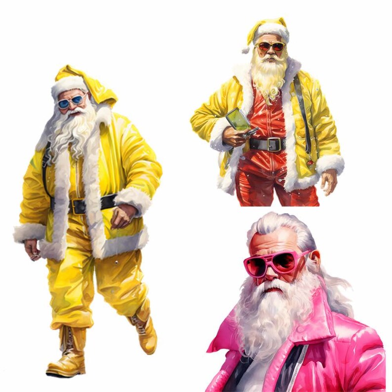 May include: Three illustrations of Santa Claus wearing different outfits. The first Santa is wearing a yellow jumpsuit with a white fur trim and a white beard. The second Santa is wearing a yellow jacket with a red jumpsuit and a white beard. The third Santa is wearing a pink jacket with a white beard and sunglasses.