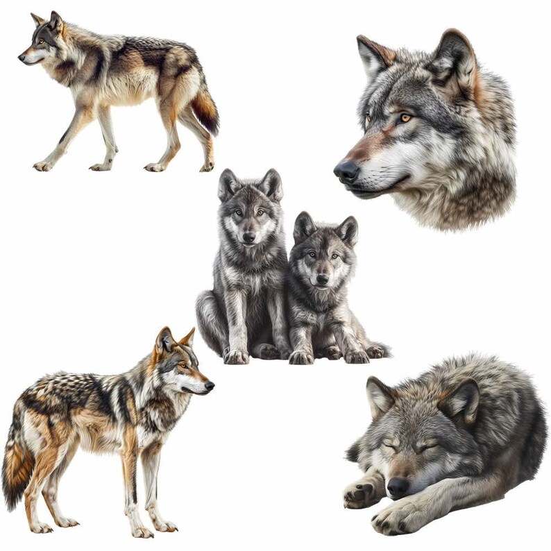 May include: Five gray and brown wolves in various poses. One wolf is lying down, one is sitting, and three are standing. The wolves are all looking in different directions.