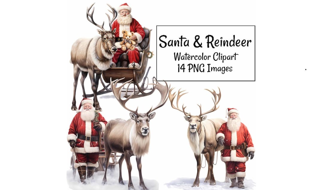 Santa Claus With Reindeer Watercolor Clipart Digital Downloads, 14 ...