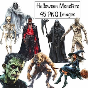 Halloween Monsters Clipart Scary Classic Creatures Watercolor Digital Downloads, Gothic Spooky Zombie Vampire Witch Werewolf Mummy Ghost