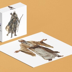 May include: Three illustrations of fantasy characters. The first is a hooded archer with a bow and arrow. The second is a wizard with a staff. The third is a bearded man with long white hair and a long white robe.