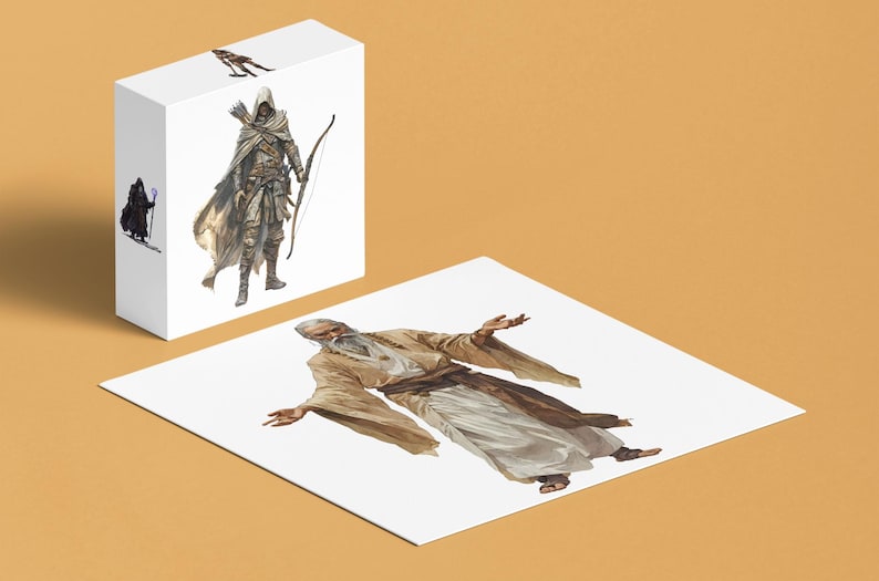 May include: Three illustrations of fantasy characters. The first is a hooded archer with a bow and arrow. The second is a wizard with a staff. The third is a bearded man with long white hair and a long white robe.