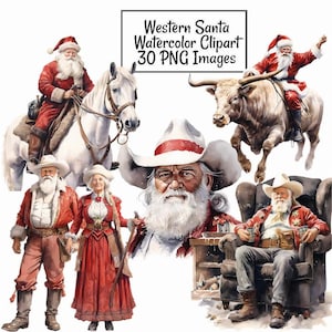 Western Santa Claus Watercolor Clipart Digital Downloads, 30 Overlay Christmas Cowboy Southwest Horse Rustic Holiday Reindeer Winter Noel