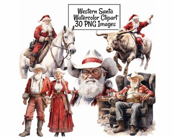 Western Santa Claus Watercolor Clipart Digital Downloads, 30 Overlay Christmas Cowboy Southwest Horse Rustic Holiday Reindeer Winter Noel