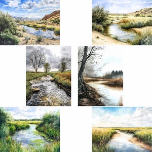 K&ouml;nnte beinhalten: Aquarellmalereien von ruhigen Landschaften mit flie&szlig;enden B&auml;chen und Fl&uuml;ssen. Die Kunstwerke zeigen nat&uuml;rliche Elemente wie B&auml;ume, grasbewachsene Ufer und bew&ouml;lkte Himmel, die ein Gef&uuml;hl von Ruhe und der Sch&ouml;nheit der Natur hervorrufen.