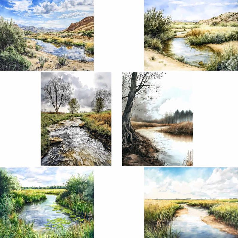 K&ouml;nnte beinhalten: Aquarellmalereien von ruhigen Landschaften mit flie&szlig;enden B&auml;chen und Fl&uuml;ssen. Die Kunstwerke zeigen nat&uuml;rliche Elemente wie B&auml;ume, grasbewachsene Ufer und bew&ouml;lkte Himmel, die ein Gef&uuml;hl von Ruhe und der Sch&ouml;nheit der Natur hervorrufen.