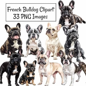 May include: A collection of 33 digital images featuring French Bulldogs in various poses. The images are in PNG format and are perfect for crafting projects, scrapbooking, and other creative endeavors.