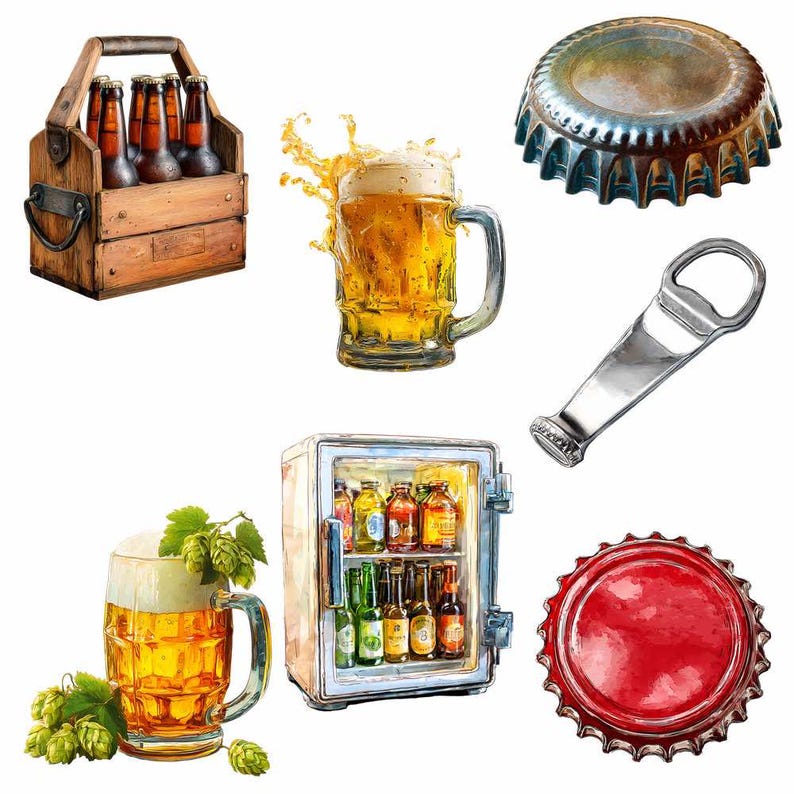 Beer Clipart Alcohol Digital Downloads Drinks Watercolor Bartender Overlay Beer bottles Lager Hops PNG Can Images Beverage Bar Distillery image 4