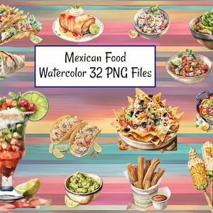 Pode incluir: Um conjunto de 32 ilustra&ccedil;&otilde;es de aquarela de comida mexicana, incluindo tacos, burritos, nachos, guacamole, churros e espigas de milho. As ilustra&ccedil;&otilde;es est&atilde;o em um estilo vibrante e colorido e s&atilde;o perfeitas para usar em projetos digitais ou impressos.