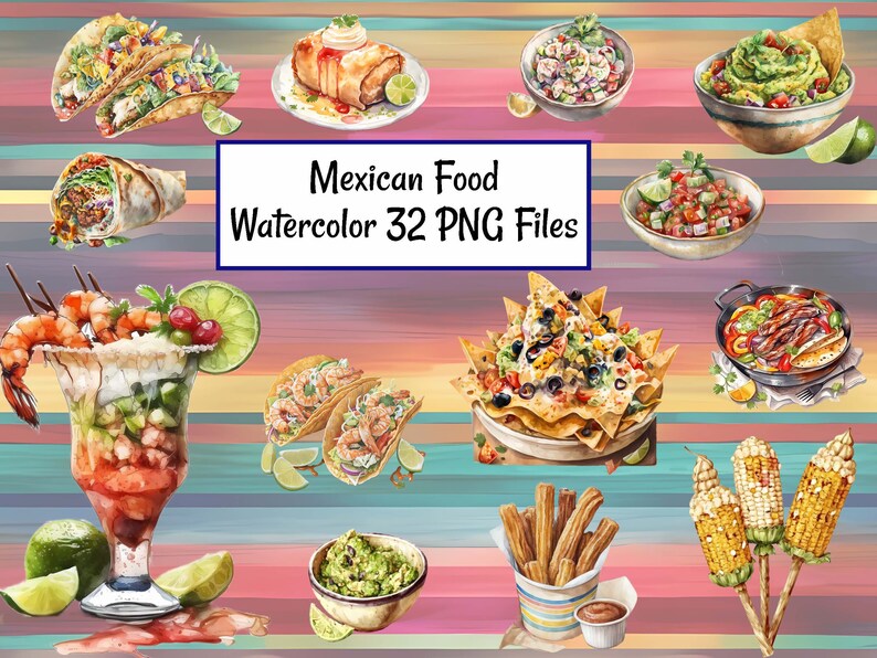Pode incluir: Um conjunto de 32 ilustra&ccedil;&otilde;es de aquarela de comida mexicana, incluindo tacos, burritos, nachos, guacamole, churros e espigas de milho. As ilustra&ccedil;&otilde;es est&atilde;o em um estilo vibrante e colorido e s&atilde;o perfeitas para usar em projetos digitais ou impressos.