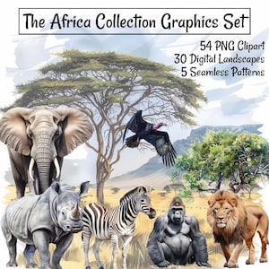 Africa Collection Graphics Bundle,89 files Animals Clipart Digital Downloads, Wildlife Watercolor Safari Jungle Savanna,Landscape & Seamless