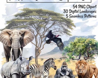 Afrika Sammlung Grafiken Bundle Tiere Clipart Digitale Downloads, Wildtiere Aquarell Safari Dschungel Savanne, Landschaft & Nahtlos