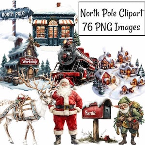 Clipart del Polo Norte de Navidad, 76 descargas digitales de acuarela de la aldea de Papá Noel, taller de Papá Noel, buzón de elfo, reno, pueblo invernal, Polar Express