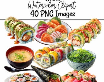 Sushi Clipart Watercolor Illustration Japanese Food Digital Downloads  Nigiri Art California Rolls, Tempura Edamame Hand Roll