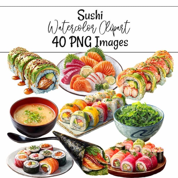 Sushi Clipart Watercolor Illustration Japanese Food Digital Downloads  Nigiri Art California Rolls, Tempura Edamame Hand Roll