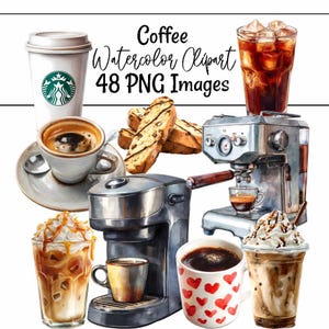 Könnte beinhalten: Aquarell-Clipart mit verschiedenen Kaffeegetränken, darunter Eiskaffee, Espresso und Latte Macchiato. Das Bild zeigt auch eine Kaffeemaschine, Biscotti und einen To-Go-Becher. Der Text lautet "Coffee Watercolor Clipart 48 PNG Images."