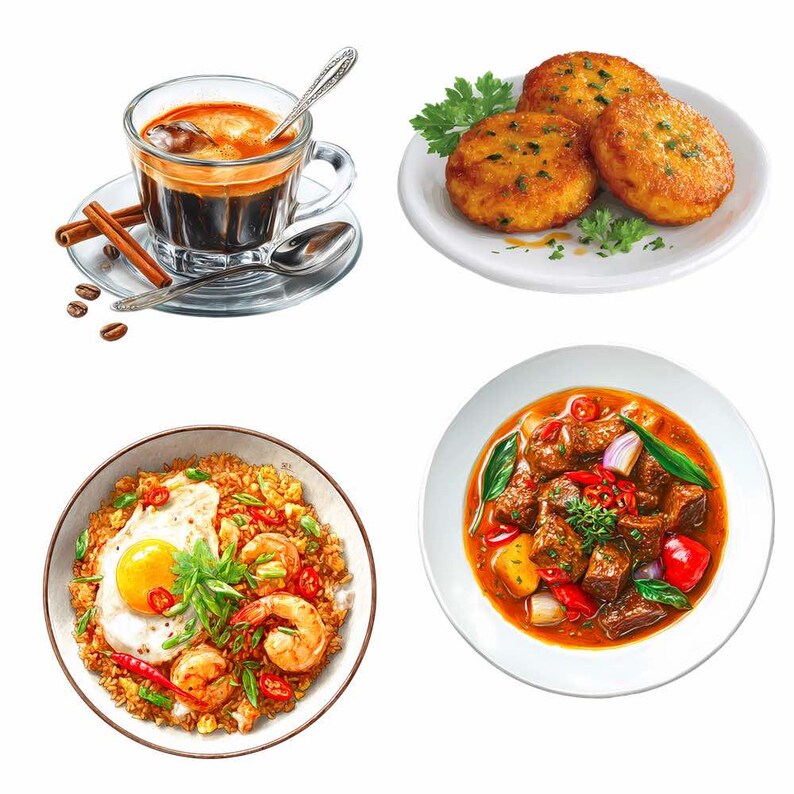 Thai Food Clipart Digital Downloads Restaurant Asian Watercolor Overlay Noodles, Curry, Rice, Stir Fry, Soup, Summer Rolls, Seafood image 9