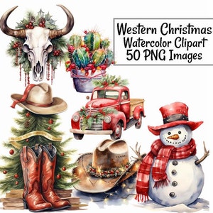May include: Watercolor clipart set of Western Christmas themed illustrations. Includes a red truck, a snowman, a Christmas tree, cowboy boots, a cowboy hat, and a skull with a wreath. The text "Western Christmas Watercolor Clipart 50 PNG Images" is in the top right corner.