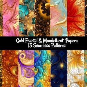 May include: A collection of 13 seamless digital paper patterns featuring gold, teal, and purple fractal and Mandelbrot designs.  "Gold Fractal & Mandelbrot Papers 13 Seamless Patterns" text is displayed at the top.