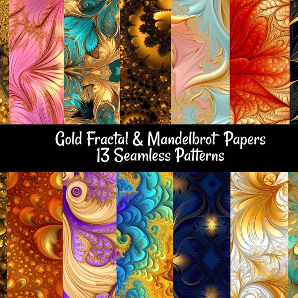 Gold Fractal Seamless Digital papers, 14 Mandelbrot Math Infinity Patterns Download Printable Commercial Use, Red Orange, Purple Pink Blue